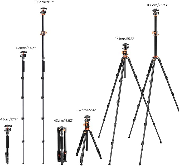 K&F CONCEPT 73 inch /186cm Camera Tripod, Transverse Center Column Aluminium - Image 6