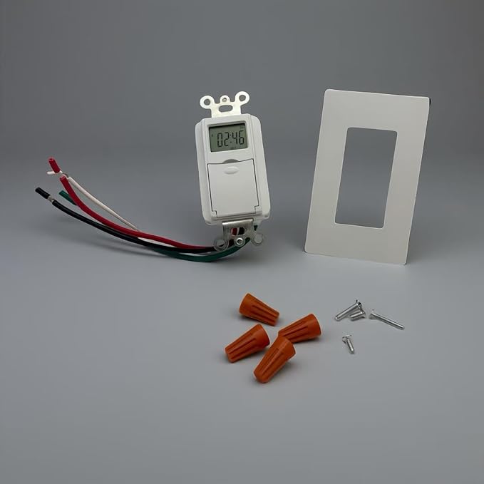 in Wall Digital Timer Switch, Indoor 7 Day Light Switch timers, 125V,15A Programmable Switch Timer for Lights, Fans, Motors, Neutral Wire Required, 7 ON/Off Settings,ETL Listed
