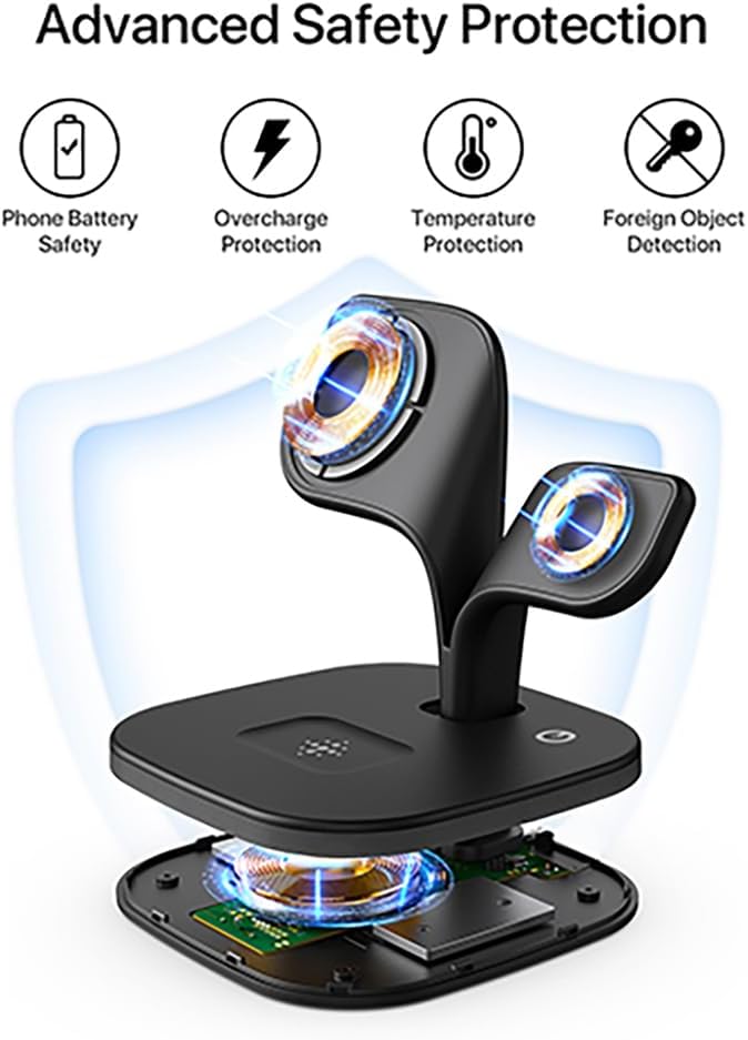 3 in 1 Wireless Charging Station for Apple Magsafe Charger Stand,Magnetic Wireless Charger Station for iPhone 17 Air 16 15 14 13 12 Series,Apple Watch Series 1-10,AirPods with LED and Adapter