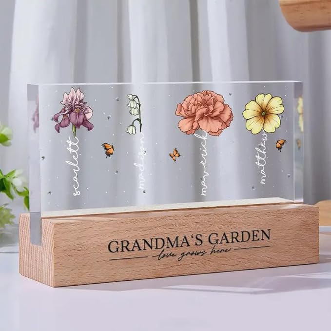 Peties.com Personalized Rectangle LED Light - Birthday Keepsake, Family Home Décor, Meaningful Gift for Grandma, Mother’s Day or Christmas Gift - Grandma's Garden Birth Month Flowers
