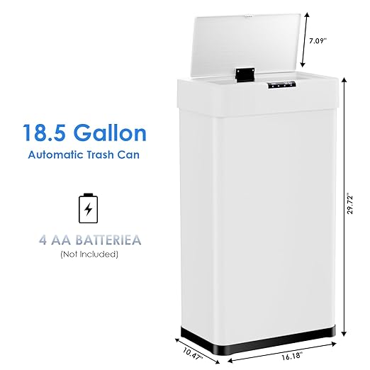 AthLike Sensor Trash Can, Touchless Motion Sensor Trash Bin, Smart Automatic Garbage Can with Soft-Close Lid, Bag Retainer Ring and Display Light,for Kitchen,Living Room Office (White, 18.5 Gal)