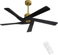 WINGBO 54" ABS DC Ceiling Fan No Light, 5 Blade ABS Plastic Ceiling Fan with Remote, 6-Speed Reversible DC Motor, Ceiling Fans without Light for Kitchen Bedroom Living Room, Brass and Matte Black