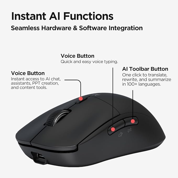 Virtusx Jethro AI Mouse - Voice & Audio Recorder for Lecture & Meeting, Centralized Software with Voice Typing, Writing Tools, Transcribe, Translate & Summarize, Wireless Mouse for Computer, Laptop