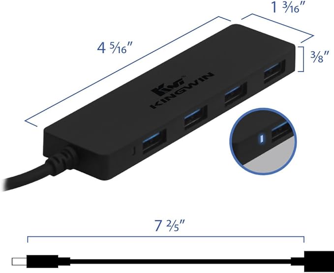 Kingwin USB Hub 4 Port USB 3.0 Data Hub for Mobile SSD, MacBook, Mac Pro/ Mini, iMac, Chromebook, Surface Pro, USB Flash Drives, Notebook PC, XPS, and More [Ultra Slim]