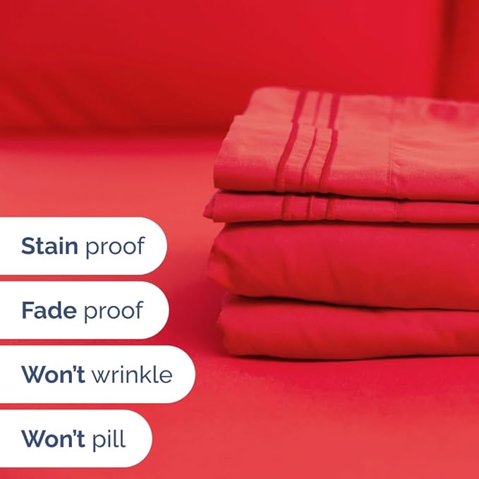 Full XL Bed Sheet Set - 4 Piece Extra Long Extended Full XL Sheets - Soft, Breathable and Cooling - Fits 8" to 16" Mattress with Deep Pockets - 54" x 80" - Easy-Fit, Wrinkle and Fade Resistant - Red