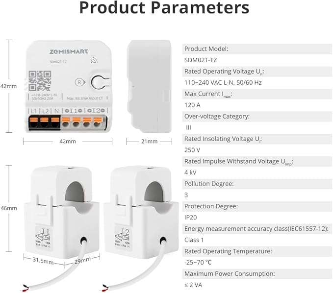Smart Home Energy Monitor with 2 x 120A CTs, Live Electricity Usage Tracking, Supports Single-Phase 3-Wire System, Works with Home Assistant & Zigbee2MQTT (Zigbee Version)