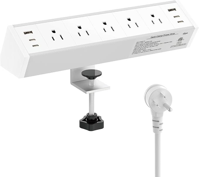 Tecmojo Desk Clamp Power Strip 5 Outlet with 2 USB A and 4 USB C Ports, 6 ft Cord, Desk Outlet Station Fit 1.6" Tabletop Edge,Over Loading Protection,ETL Listed,White