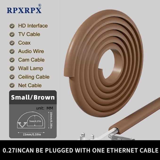 RPXRPXSide Open One Cord Cable Raceway Wire Cover for Cords, Our Cable Track is Best Suited for one Wire (Diameter <0.27"),Wire Raceway Management Cable Concealer Channel (Brown, 390in)