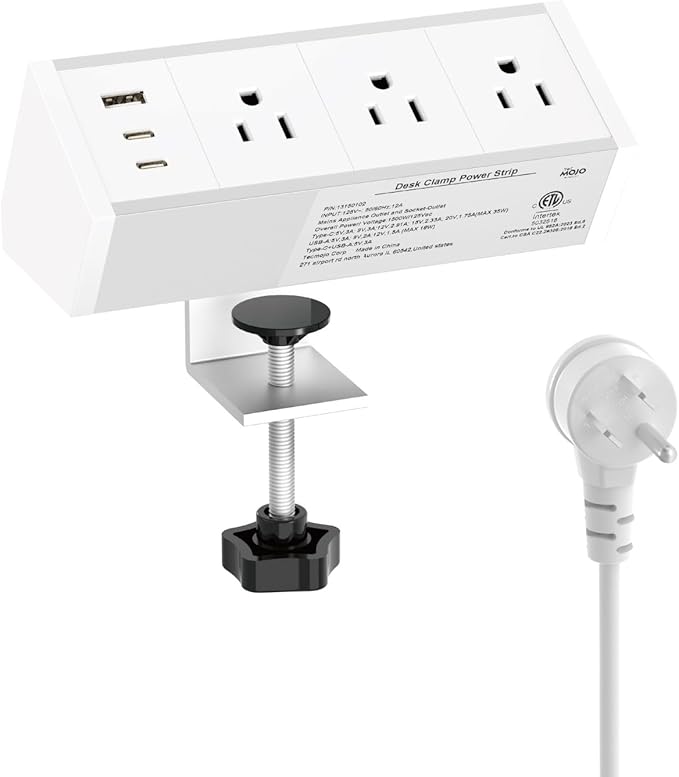 Tecmojo Desk Clamp Power Strip 3 Outlet with 1 USB A and 2 USB C Ports, 6 ft Cord, Desk Outlet Station Fit 1.6" Tabletop Edge,ETL Listed,White