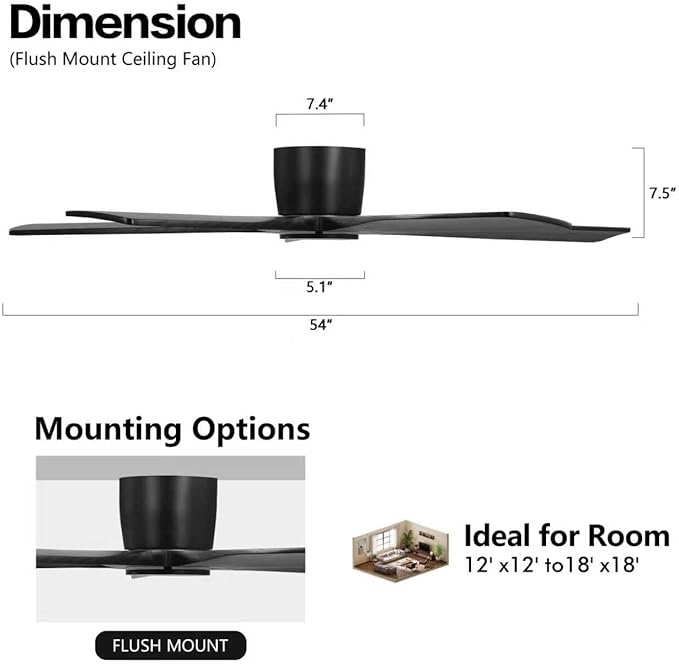 WINGBO 54" Flush Mount DC Ceiling Fans Without Lights, 5 Carved Solid Wood Blades, 6-Speed Reversible DC Motor, Low Profile Hugger Ceiling Fan No Lights for Living Room Bedroom Patio, Matte Black