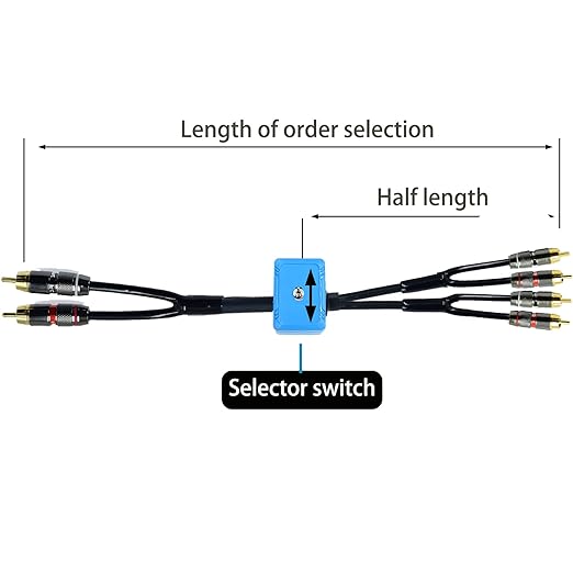 18ft Sound Channel swicher 2 male to 4 Male RCA Switch Selector 2 input 1 Output R/L Stereo Audio 1 in 2 Out Stereo Audio Splitter with Mute Button No External Power Required CD Speaker DVD Playe