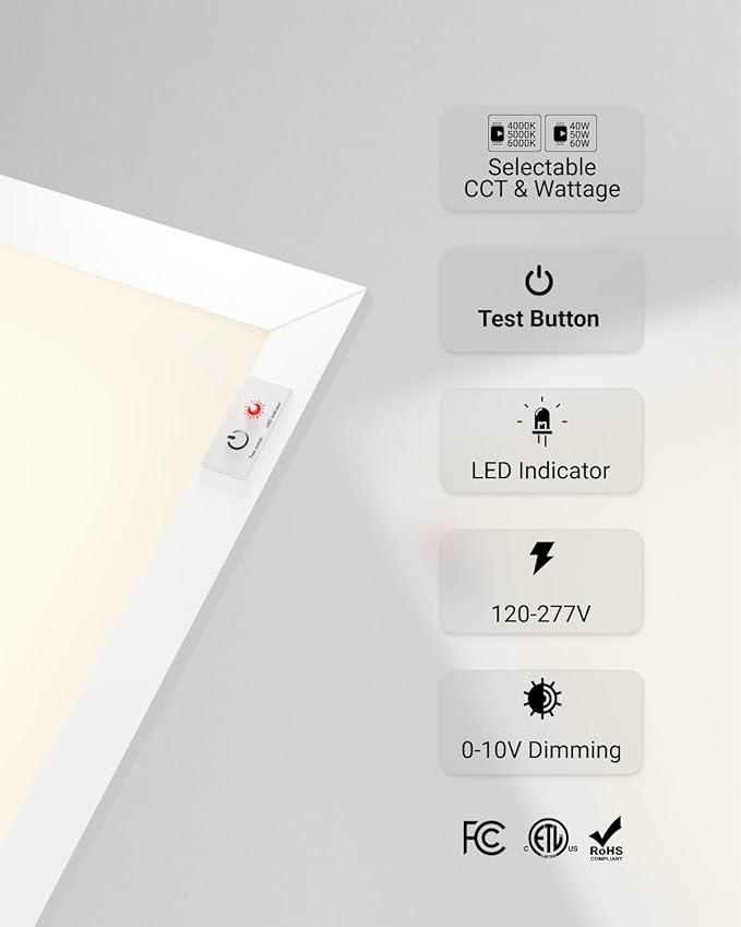 Sunco 12 Pack 2x4 LED Flat Panel Light Drop Ceiling Office Fixture with Emergency Battery Backup, 90 Minute Duration, 7760 LM, Selectable Features, 40/50/60W, 4000/5000/6000K, Dimmable (0-10V) ETL.