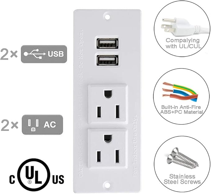 Recessed Power Strip with USB Mountable Power Strip with USB 2 Power Outlets 2 USB Hub Built in Desk Table Coneference Sofa Cabinet Drawer