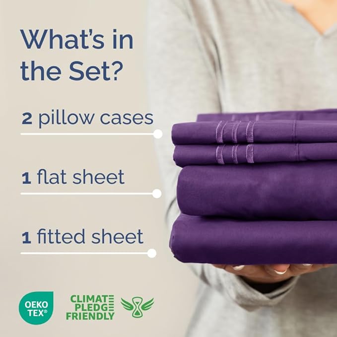 Full XL Bed Sheet Set - 4 Piece Extra Long Extended Full XL Sheets - Soft, Breathable & Cooling - Fits 8" to 16" Mattress w/ Deep Pockets - 54" x 80" - Easy-Fit, Wrinkle and Fade Resistant - Purple