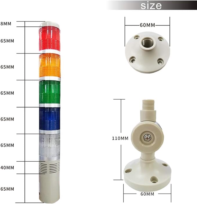 YJINGRUI 5 Stack LED Signal Tower Light, Industrial Flashing LED Warning Light with 85dB Buzzer & 180° Rotatable Base - for CNC, Factory Automation (24V DC)