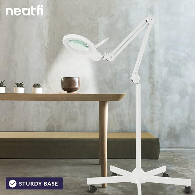 Neatfi (New Model) Bifocals 1,200 Lumens LED Magnifying Floor Lamp with Rolling Base, 5 Diopter with 20 Diopter, Dimmable, Adjustable Arm (5 Inches, White)