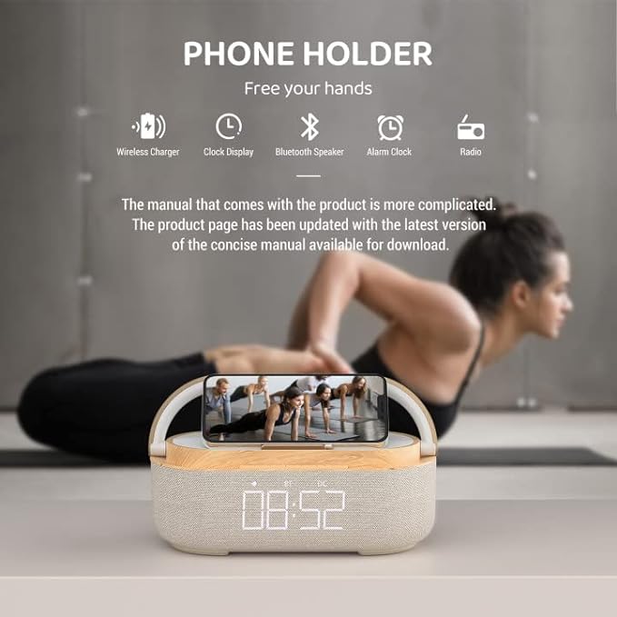 COLSUR Bluetooth Speaker Alarm Clock with Wireless Charger, FM Radio, Adjustable LED Night Light, 6 in 1 Bedroom Portable Speaker 2500mAh, Phone Stand for Bedside, Home, Office, Gift (Wood)