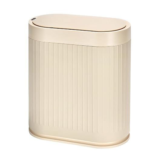 Bathroom Trash Can with Lid Automatic 2 Gallon Sensor Trash Bin, 7.5 Liter Smart Rubbish Bin, Motion Sensor Waterproof Bathroom Decor, Plastic Narrow Garbage Can for Bedroom, Office, Beige