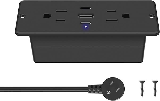 CCCEI Recessed Power Strip with Outlet and USB C Ports, Furniture Flush Mount Power Strip, Small Desk Hidden Outlet for Conference Table, Nightstand, Black, 6FT.