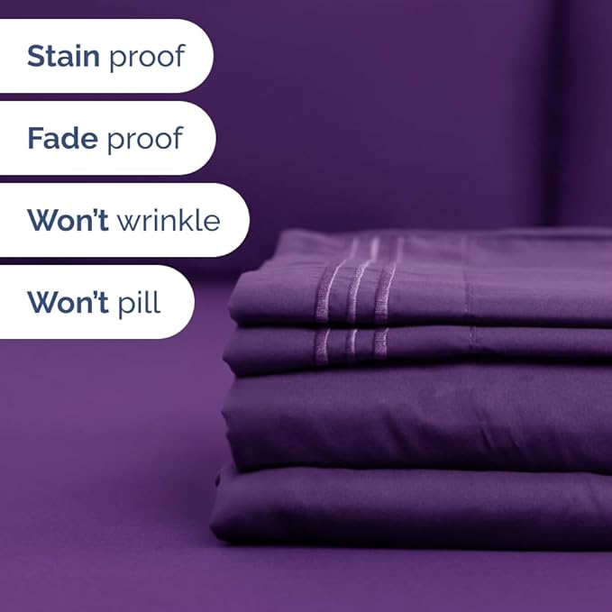 Split Head King Sheet Set – 4 Piece Flex Split Top King Sheets for Adjustable Beds - Fits 14” to 16" Mattress w/ Deep Pockets - Soft, Breathable & Cooling - Luxury Bedding and Wrinkle Free - Purple