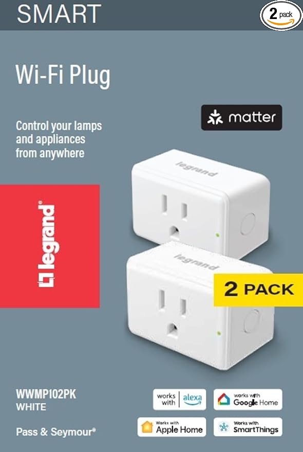 Legrand Radiant® Wi-Fi Matter Smart Plug Matter Hub Required 15A, Easy Setup, Enhanced Compatibility with Apple HomeKit, Google Home, Alexa & SmartThings, Easy Wi-Fi Connectivity w/ Matter (2 Pack)