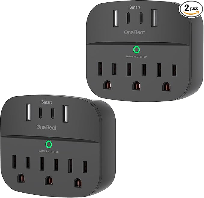 2 Pack Multi Plug Outlet Splitter with USB, Surge Protector Outlet Extender with 3 Wall Outlets 4 USB Wall Charger(2 USB C), 490 Joules, ETL Listed, Small Outlet Adapter Plug Extender for Travel,Black
