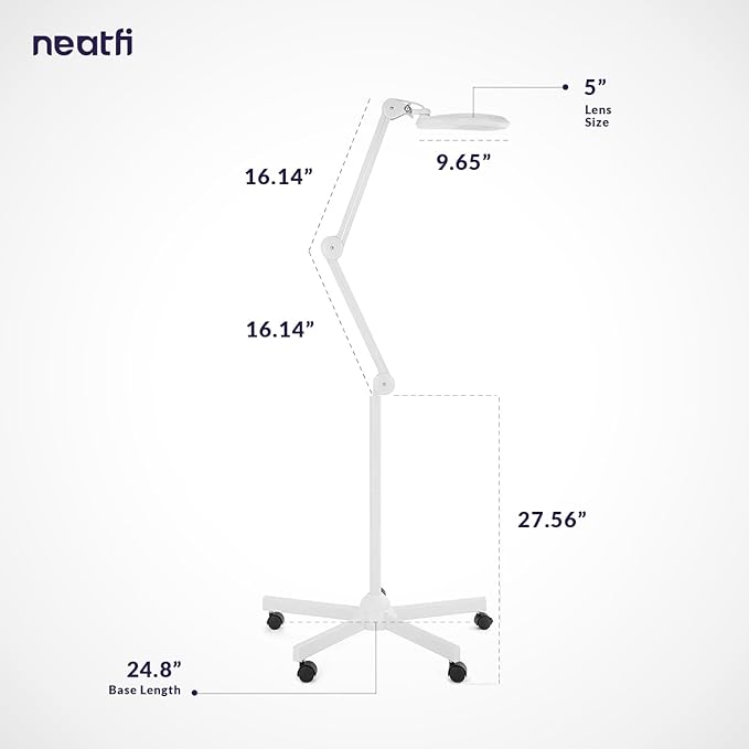 Neatfi (New Model) Bifocals 1,200 Lumens LED Magnifying Floor Lamp with Rolling Base, 5 Diopter with 20 Diopter, Dimmable, Adjustable Arm (5 Inches, White)