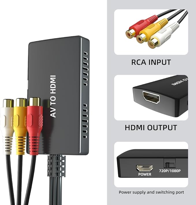 Kirzi Female RCA to HDMI Out Cable Converter Adapter with HDMI and RCA Cables, CVBS Composite AV to HDMI Converter