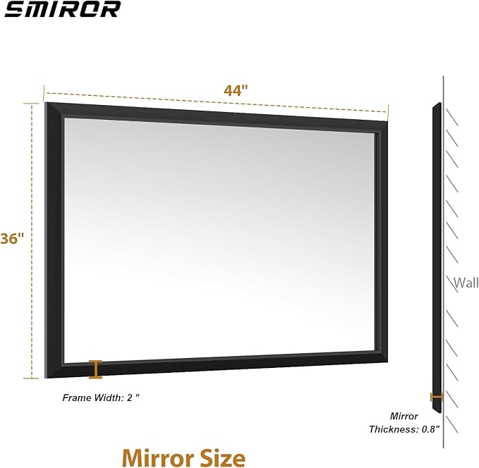 SMIROR Matte Black Bathroom Mirror for Over Sink 44x 36 inch, Metal Thick Frame Rectangle Vanity Mirror for Wall, Anti-Rust, Horizontally or Vertically Mounted