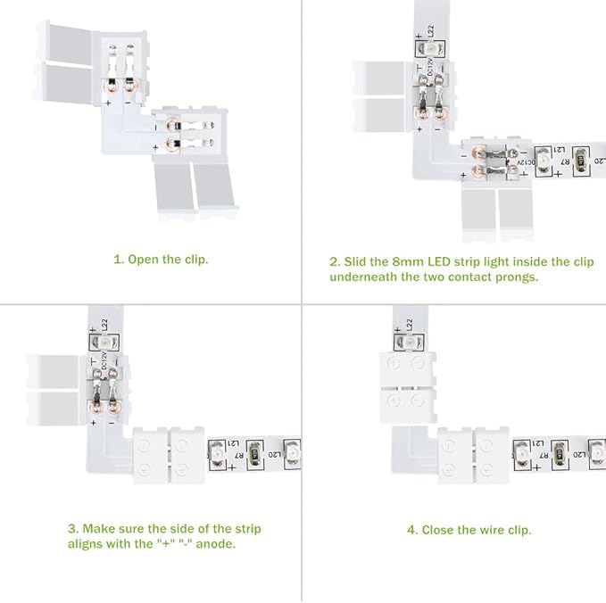LightingWill 10pcs Pack L Shape Solderless Snap Down 2Conductor LED Strip Connector for Right Angle Corner or 90 Degree Connection of 8mm Wide 3528 2835 Single Color Flex LED Strips