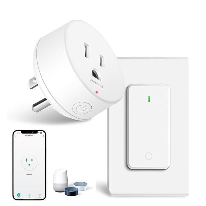 WiFi Smart Outlet Plug with Remote,GreenCycle Electric Smart Plug with Wall Switch,Compatible with Alexa and Google Home via Tuya,15A/1500W，Remote Control from Anywhere,TUV FCC List(2.4G)