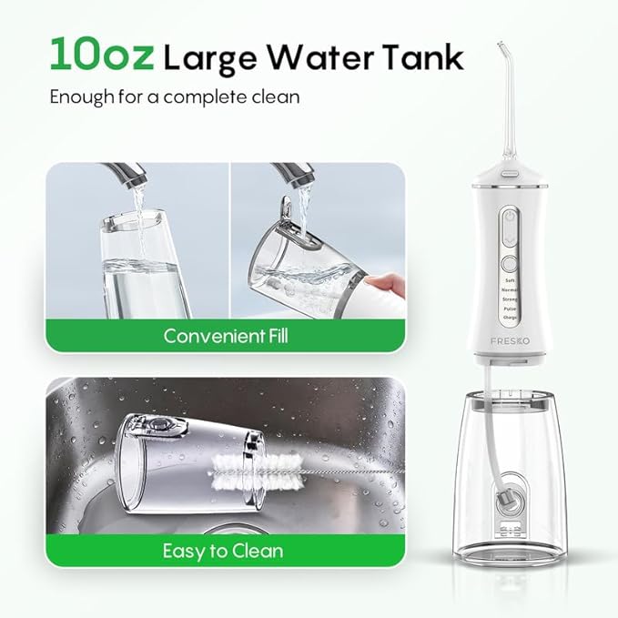 FRESKO Water Dental Flosser for Teeth, 300ML Cordless Flosser with Constant Pressure, Rechargeable Oral Irrigator Cleaner for Travel Home Use and Braces Care, IPX7 Waterproof, 5 Jet Tips
