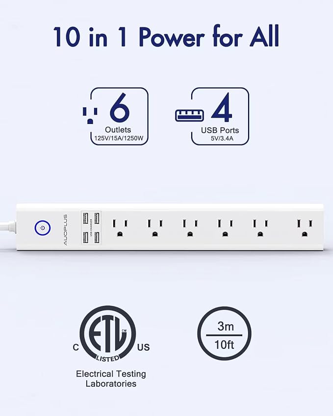 Power Strip 10Ft - Surge Protector with USB, AUOPLUS 6 Outlet and 4 USB Charger, 10Ft Long Extension Cord Flat Plug(1250W/10A/2100J), Wall Mountable Overload Protection for Computer Home Office Dorm
