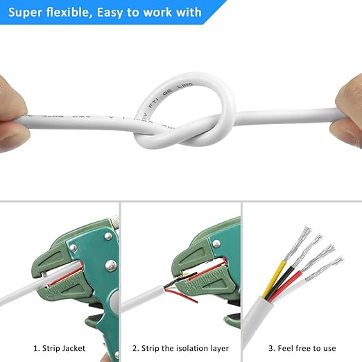 18 Gauge 4 Conductor Electrical Wire, 65.6FT White Stranded Low Voltage 18/4 PVC Case, 18 AWG Tinned Copper 4 Wire Extension Power for Strips LED Lamp Lighting