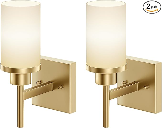AONEON Vanity Lighting Fixtures with White Frosted Glass Shade, Modern Gold Wall Lamps for Bathroom Mirror Bedroom Living Room Porch, 2 Pack T001GD-L1-P2
