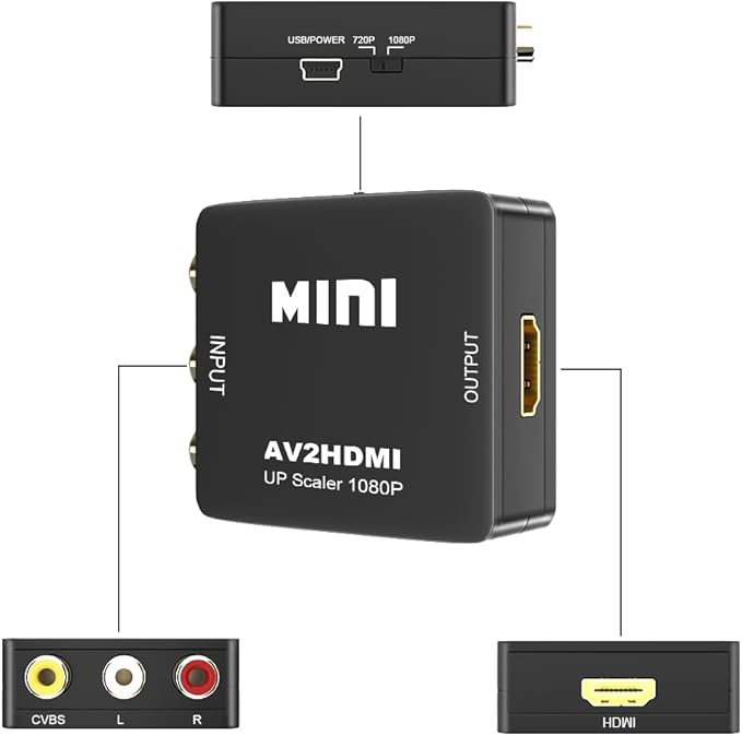 Kirzi AV to HDMI Converter, RCA to HDMI Converter, 1080P Mini RCA Composite CVBS Audio Video Converter Supports PAL/NTSC Compatible with PC/Laptop/Xbox /PS4 /TV/STB/VHS/VCR/Blue-Ray