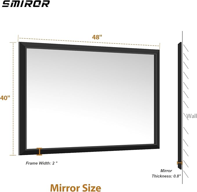 SMIROR Matte Black Bathroom Mirror for Over Sink 48x 40 inch, Metal Thick Frame Rectangle Vanity Mirror for Wall, Anti-Rust, Horizontally or Vertically Mounted