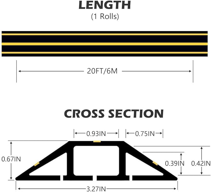 20Ft Cord Covers for Wires on Floor, 3-Channel Floor Cord Cover with Anti-Slip Base & Yellow Warning Strips, Extension Cord Covers for Floor, Ideal for Home, Office, Outdoor Use