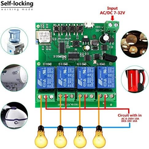 Newgoal 4 Channels WiFi Wireless Smart Switch Inching Self-Locking Relay Module,for DIY Access Control, Garage Door Opener with 433RF Remote Control （Ewelink App）