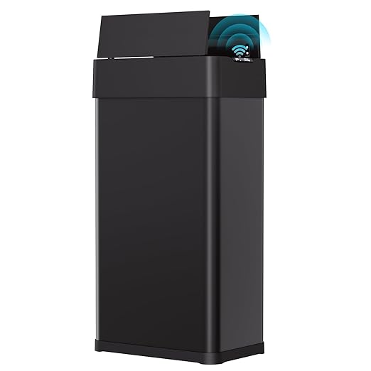 Arlopu 18.5 Gal Automatic Trash Can, 70 Stainless Steel Motion Sensor Garbage Bin, Touchless Brushed Wastebasket, W/Butterfly, Soft-Close Lid, for Living, Dinning Room, Kitchen ((Black)