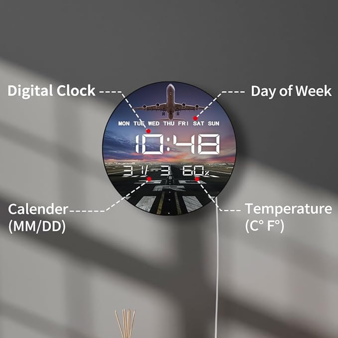 Timethink 12'' Airplane Digital Wall Clock Large Display, Aviation Electric Wall Clock Smart Dimming, Temperature, Humidity, 12/24hr, Date, USB Powered for Office Bedroom Pilot Aviator Retirement Gift