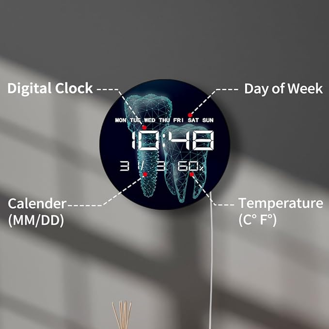 Timethink 12'' Molar Tooth Digital Wall Clock Large Display, Dental Clinic Electric Wall Clock Medical Dentist Clock with Temperature, Automatic Dimming, Date, 12/24hr Format for Dental Office Decor
