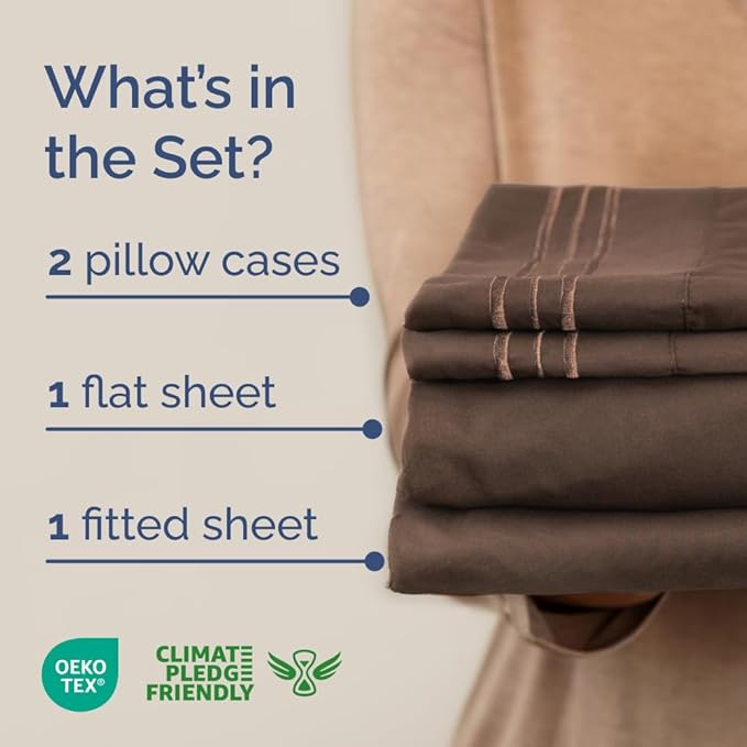 Full XL Bed Sheet Set - 4 Piece Extra Long Extended Full XL Sheets - Ultra-Soft, Breathable & Cooling - Fits 8” to 16" Mattress w/ Deep Pockets - 54" x 80" - Easy-Fit, Wrinkle & Fade Resistant - Brown