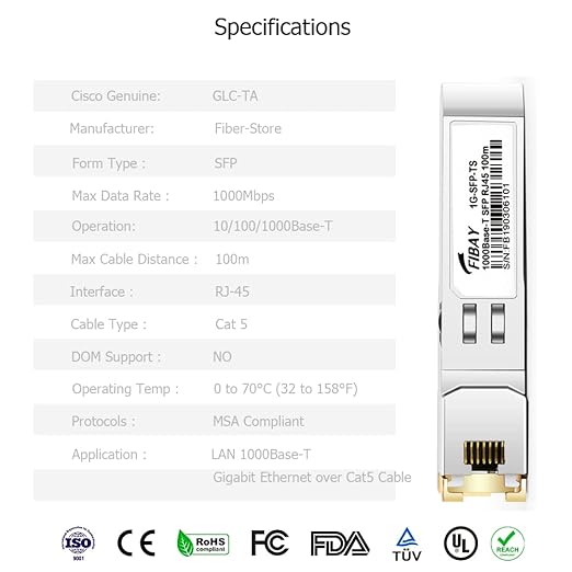 OPSTRAN 10/100/1000BASE-T SFP SGMII Copper Transceiver Module Compatible with Cisco GLC-TA RJ45 100m Cat5e/6