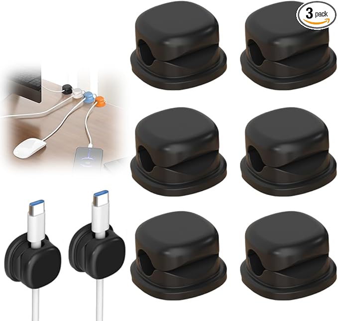 Magnetic Cord Organizer Holder, Upgrade Cord Holder for Nightstand, Adhesive Wire Cable Clips Management Kit for Phone Charger, Computer, Home, Office, Desk, Nightstand (Black, 6 Packs)