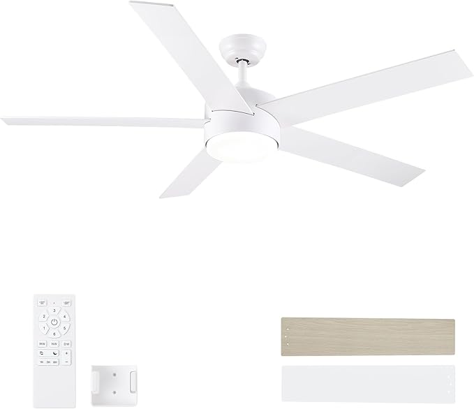 POCHFAN 60 Inch White Ceiling Fans with Lights and Remote Control,Quiet Modern Ceiling Fan for Bedroom,Living Room, Dining Room,Dimmable 3-Color Temperatures 6-Speed