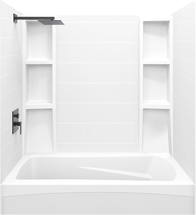 White Acrylic Tub Wall Surround 32"x 60"x 58" - Waterproof, Easy-to-Install, Two Shelf Units Kit Included - Bathtub Wall Surround Panels - Stacked Tiles Pattern, Classic Shelves - Noah William Home