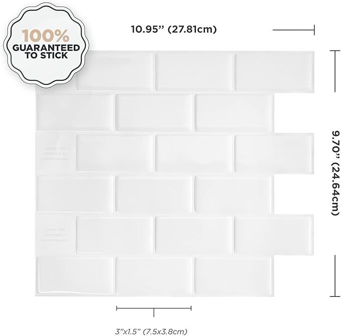 SMART TILES Peel and Stick Backsplash - 10 Sheets of 10.95" x 9.70" - 3D Adhesive Peel and Stick Tile Backsplash for Kitchen, Bathroom, Wall Tile, Subway White