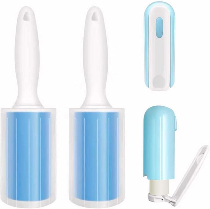 Reusable Washable Lint Roller 4 Pack, Sticky Gel Lint Rollers, Cat Dog Pet Hair Lint Remver Cleaner for Clothes, Carpet, Travel, 2 Large Roller with Dust Cover and 2 Mini, Portable Small Lint Brush