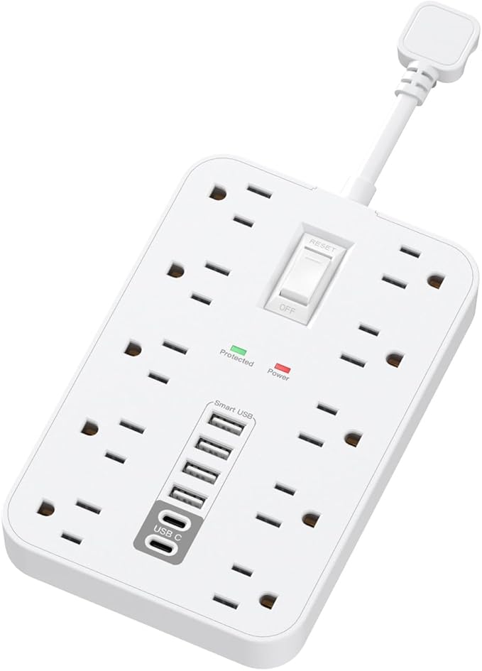 Short Extension Cord with USB and USBC Ports, Flat Outlet Extender with 10 AC Outlet 6 USB, 1 Switch & 2 LED Indicator, USB Wall Power Strip for Multiple Devices, for Home, Office, Dorm Essentials
